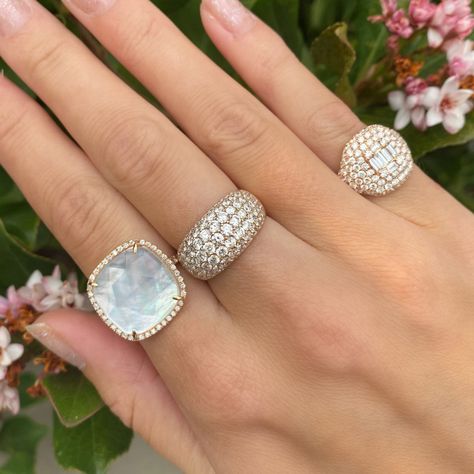 Modern Icons- pearls and diamonds. 🤍 Ring Stack, Gold Ring Stack, Rose Gold Jewelry, Rose Gold Diamonds, Necklace Sizes, White Topaz, Cocktail Ring, Cushion Cut, Cocktail Rings