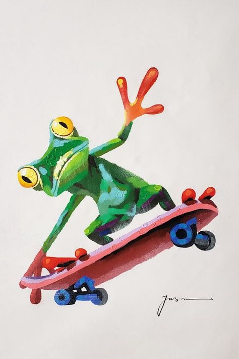 Frog on Skateboard - 24x36 - Acrylic & Oil mixed Painting on Giclee Canvas Skateboarding Painting Canvas, Just Roll It Painting, Skateboard Painting Ideas Canvas, Animals On Skateboards Drawing, Frog Painting Ideas, Skateboard Painting Ideas, Frog On Skateboard, Skateboard Painting, Painted Frog