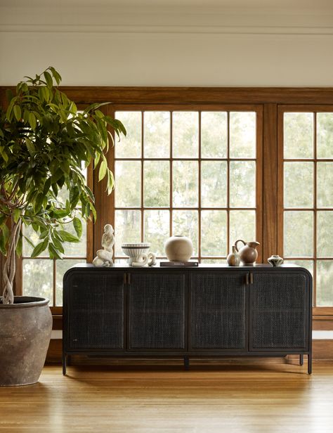 Brooke Solid Oak Sideboard With Cane Paneled Doors Curved Sideboard Buffet, Under Tv Sideboard, Walnut Wood Decor, Dark Wood Floors Decor, Sideboard In Front Of Window, Dining Room Sideboard Ideas, Dining Room With Sideboard, Entryway Sideboard, Modern Foyer Design