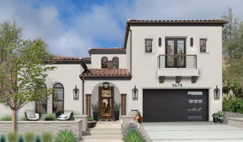 10 Spanish-Style Homes with Exterior Ideas - brick&batten Split Level Spanish House, Tuscany Homes Exterior, Modern Spanish Style Homes Exterior, Spanish Style Homes Exterior, White House With Black Trim, White House Black Trim, Spanish Style Home Exterior, Modern Spanish Style Homes, Modern Spanish Style