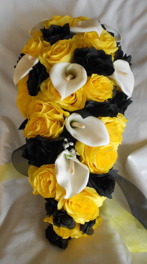 Batman Wedding, Church Wedding Flowers, Silk Bridal Bouquet, Cascading Wedding Bouquets, Yellow Wedding Flowers, Groomsmen Boutonniere, Beach Wedding Flowers, Unique Wedding Flowers, Rose Wedding Bouquet