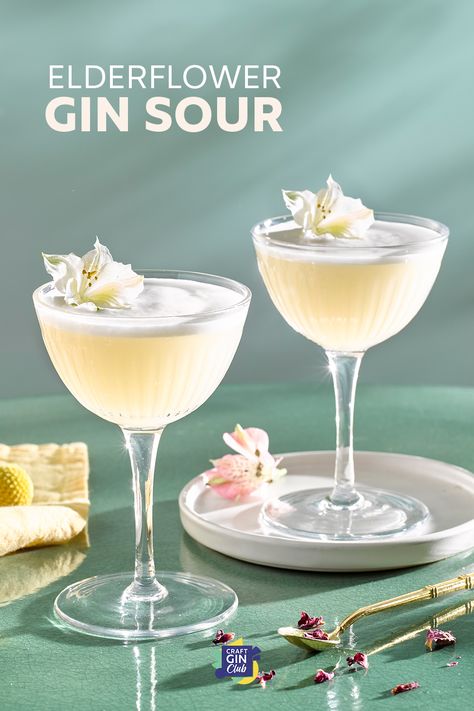 Cocktails With Italian Food, Cocktail Sour Recipe, Gin Sour Cocktails, Best Gin Cocktails Recipe, Cool Cocktails Recipes, Gin Blossom Cocktail, Simple Cocktails Recipes, Gin And Elderflower Cocktail, Elderflower Gin Cocktail