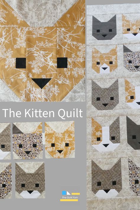 The Kitten Quilt, a pattern by Elizabeth Hartmann. Too cute. Started several years ago finally finished the quilt top. Kitten Quilt, Kitty Quilt Pattern, Cat Face Quilt Block, Quilted Cat Pattern, Axolotl Quilt Pattern, Kitten Quilt Pattern, Cat Quilt Patterns Templates, Quilt Block Projects, Black Cat Quilt Block