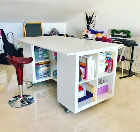 Craft Table With Storage Craft Table With Storage, Diy Craft Table, Craft Table Ikea, Sewing Craft Table, Craft Tables With Storage, Craft Room Tables, Ikea Craft Room, Ikea Crafts, Craft Table Diy