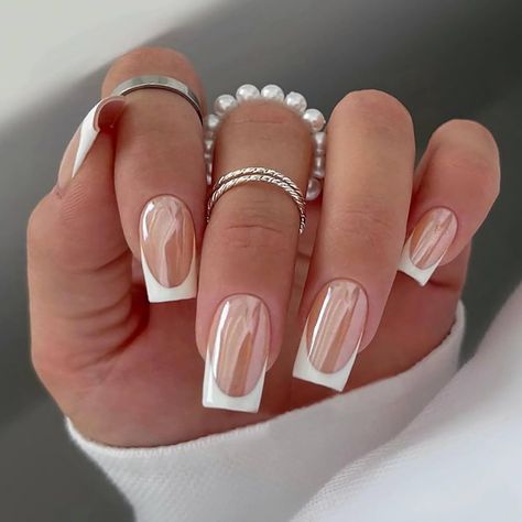 Stick On Nails White, White Acrylic Press On Nails, Cricut French Manicure, White Nails Stick On, Wedding Nails For Bride Acrylic Bridal Classy Simple, Nails Mirror, Nails Medium Square, French Press On Nails, Chrome French