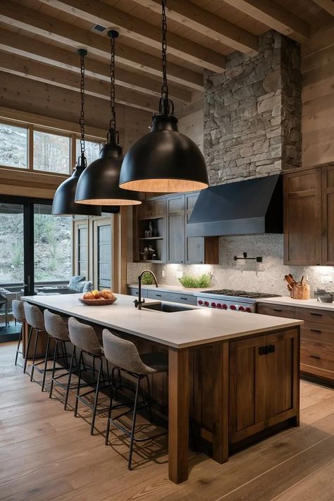 15 Modern Mountain Kitchen Ideas to Elevate Your Rustic Retreat Mountain House Interior Design Rustic, Loghouse Kitchen, Mountain Home Interiors Cozy Cabin, Cabin Home Kitchen, Rustic Mountain Homes Interior, Modern Log Cabin Kitchen, Mountain Kitchen Ideas, Alpine Kitchen, Mountain Homes Interiors