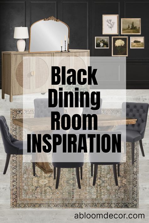 Elegant Black Dining Table, Dark Contemporary Dining Room, Black Wall Dining Room Decor, Black Dining Rooms Ideas, Black Dining Room Walls Decorating Ideas, Black Fireplace Dining Room, Black Table Wood Chairs, Black Dining Room Accent Wall, Dining Room With Black Accent Wall