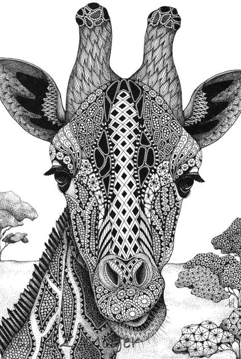 Giraffe. Domestic and Wild Zentangle Animal Portraits. By Kristin Moger. Animals Inspiration, Zantangle Art, Giraffe Coloring Pages, Zentangle Animals, Zentangle Artwork, Giraffe Art, Mandalas Painting, Doodle Art Drawing, Mandalas Drawing