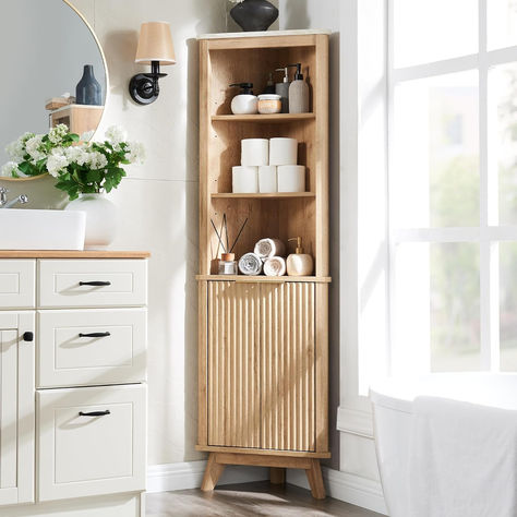 #cornerstorage #corneridea #naturalaesthetic Adjustable Shelves, Curved Profile Bookshelf for Bathroom, Kitchen, Living Room, Dining Room, Natural Oak Bathroom Towel Storage Cabinet, Bathroom Cabinet With Drawers, Corner Bathroom Cabinet, Tall Corner Cabinet, Bathroom Corner Storage, Modern Boho Bathroom, Bathroom Towel Storage, Armoire D'angle, Narrow Storage Cabinet