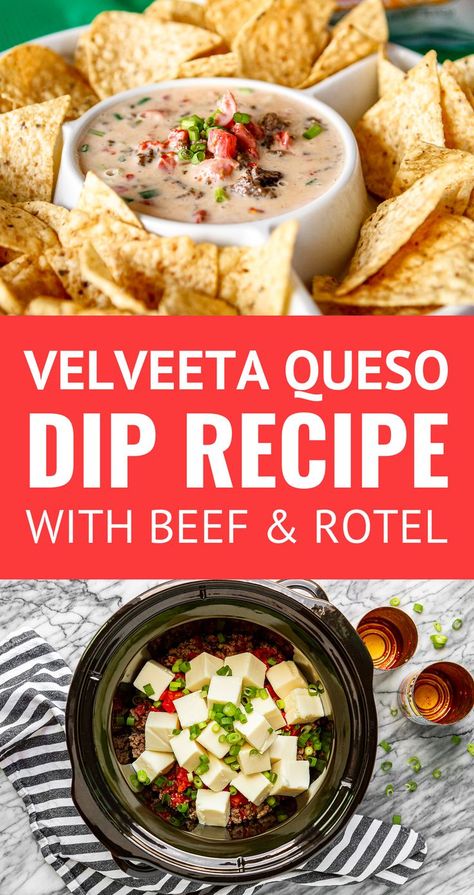 4-Ingredient Velveeta Queso Recipe -- the addition of browned ground beef in this Velveeta queso dip recipe really stretches this delicious white cheese dip to feed a hungry crowd! Always a crowd pleaser, this meaty queso dip uses just 4 ingredients... Make it in a large skillet on the stove top or take it on the go in your slow cooker!! | velveeta cheese dip recipe | white queso dip | velveeta rotel dip | hamburger dip | beef queso dip Velveeta Rotel Dip, Velveeta Cheese Dip Recipes, Velveeta Queso Dip, Queso Dip Velveeta, Queso Dip Crockpot, Hamburger Dip, Velveeta Rotel, Velveeta Queso, Queso Cheese Dip