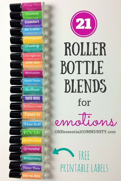 LOVE this!! amazing find! there are tons of great roller bottle blends {and FREE super cute labels} for all kinds of emotions-- calm, focus, grounding, balance, gratitude, happy, energy, comfort, motivation, courage, confidence, cheer, creativity, and more!! One Essential Community, Happy Energy, Roller Bottle Blends, Roller Bottle, Printable Labels, Free Printable, Gratitude, Essential Oil, Essential Oils