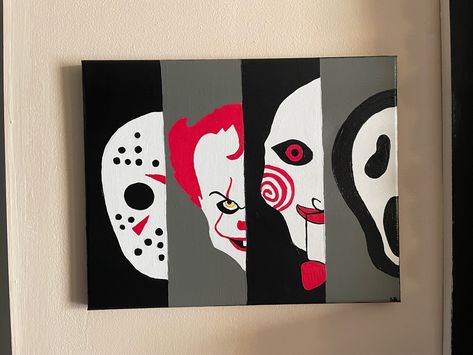 Scary Movies Paintings, Scary Things To Paint On Canvas, Painting Horror Ideas, Easy Scream Painting, Horror Characters Painting, Painting Ideas On Canvas Scream, Scream Painting Ideas Easy, Diy Halloween Painting Ideas, Horror Movie Painting Ideas