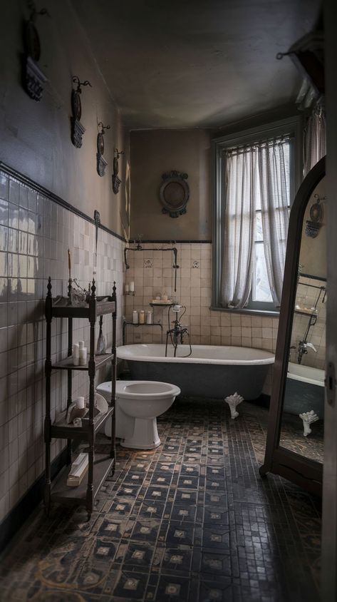 Explore 17 stunning moody vintage bathroom ideas that combine timeless elegance with dramatic charm. From antique fixtures to rich, dark tones, these designs will inspire a sophisticated makeover for your bathroom. Perfect for those seeking a cozy yet vintage aesthetic. Bathroom Inspo Vintage, Old Bathroom Aesthetic, Dark Vintage Bathroom, 1800s Bathroom, Victorian Homes Interior Bathroom, Black Vintage Bathroom, Victorian Gothic Bathroom, Dark Bathroom Aesthetic, Antique Fixtures