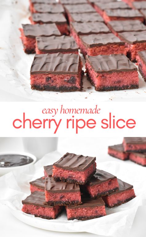 Cherry Ripe lovers will absolutely love this chewy coconut and cherry slice topped with chocolate. Cherry Slices Recipe, Australian Slice Recipes, Cake Slice Recipe, Cherry Ripe Balls, Cherry Ripe Cake, Coconut Slice Recipe, No Bake Slices Healthy, Chocolate Slice Recipe, Christmas Slices Recipes