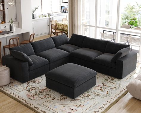 JACH V Shape Couch Sectional for Living Room, Modular Convertible Sofa, Couch Cushion Covers Removable, Cloud Sofas with Chaise Ottoman for Living Room, Bedroom, Apartment (Black) -  #Apartment #Bedroom #Black #Chaise #Cloud #Convertible #COUCH #Covers #Cushion #JACH #Living #modular #Ottoman #Removable #Room #Sectional #shape #Sofa #Sofas Long Couches Living Room, Black Sectional Living Room Ideas Decor, Living Room Black Leather Couch, Black Sectional Living Room Ideas, Black Sectional Living Room, Gray Couches, Sectional For Living Room, Basement Couch, Small Apartment Living Room Ideas