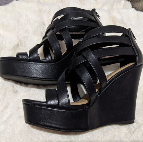 These Are Soda Brand Strappy Black Wedges With A Zipper Back. Made Of Faux Leather And With An Approximately 4.5 Inch Heel. Basically Brand New As They Have Never Been Worn. Soda Shoes, Soda Brands, Black Wedges, 5 Inch Heels, Heels & Wedges, Womens Clogs, Womens Shoes Wedges, Clogs, Wedges