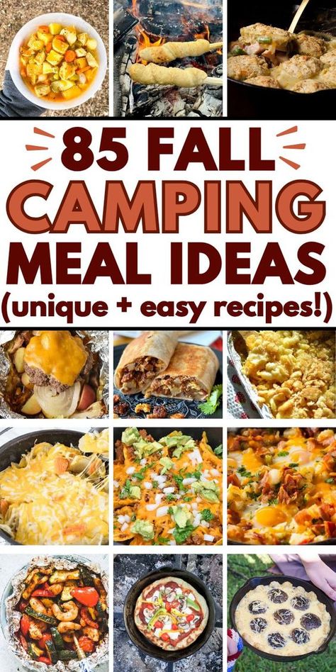 Easy fall camping meals and food ideas! These fun fall campfire dinners, breakfast ideas, snacks, and desserts will complete your fall camping trip menu. Camping meal planning is easy with these fall camping recipes dinners, fall camping meals make ahead, camping food list, fall camping necessities, fall camping ideas food, fall camping meal ideas for tent, camper, or fall rv camping recipes. Campfire meals, cozy fall camping aesthetic, easy fall camping meals dinners, outdoor camping must haves Fire Meals Camp, Camping Dinners Over The Fire, Mountain Vacation Food Ideas, Campsite Food Ideas, Camping Halloween Food, Music Festival Camping Meals, Easy Camper Dinners, Easy Fall Camping Meals, Fall Camping Food Ideas