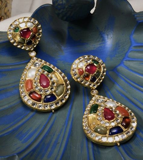 Navaratna Ear Studs, Navratan Earrings, Navratan Set, Navratan Choker, Navaratan Jewellery, Navaratna Jewellery, Vintage Indian Jewelry, Gold Jewelry Prom, 22 Carat Gold Jewellery