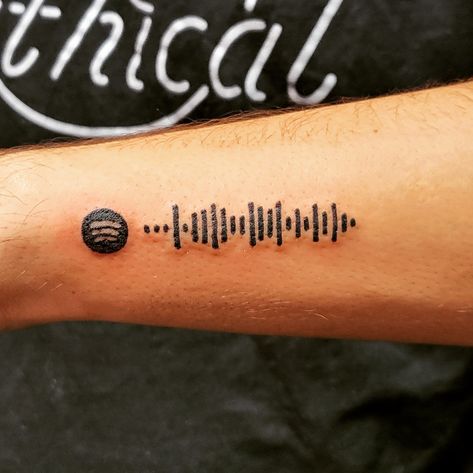 Scannable Spotify Code Tattoo Spotify Sound Wave Tattoo, Spotify Code Tattoo Ideas, Song Tattoos Ideas Spotify, Rnb Music Tattoo, Voice Message Tattoo, Spotify Barcode Tattoo, Spotify Song Tattoo, Spotify Qr Code Tattoo, Scannable Tattoo