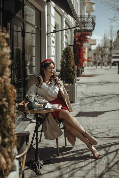 A candid photo of an elegant woman in a white blouse, black skirt, and brown coat, sitting gracefully. 1950 Fashion Photography, London Fashion Photoshoot, Old Money Poses For Women, White Skirt Old Money, Italy Outfits Fall Street Styles, French Old Money Aesthetic, French Photoshoot, French Old Money, White Blouse Black Skirt