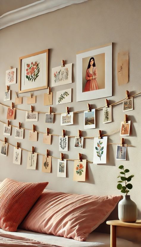 Discover how to elevate your home decor with these 21 innovative and stylish DIY wall projects.
---
A creative DIY wall decor idea featuring a photo clip string. The string is hung across the wall with small clips holding various photos, postcards, and small artworks. This simple yet personal display adds a charming and intimate touch to the room, perfect for a bedroom or living space. Ways To Display Pictures In Bedroom, Decorating With Polaroids, Postcard Display Ideas, Postcard Display Wall, Polaroid Room, Chalkboard Wall Calendars, Polaroid Display, Diy Wall Decor Ideas, Postcard Display