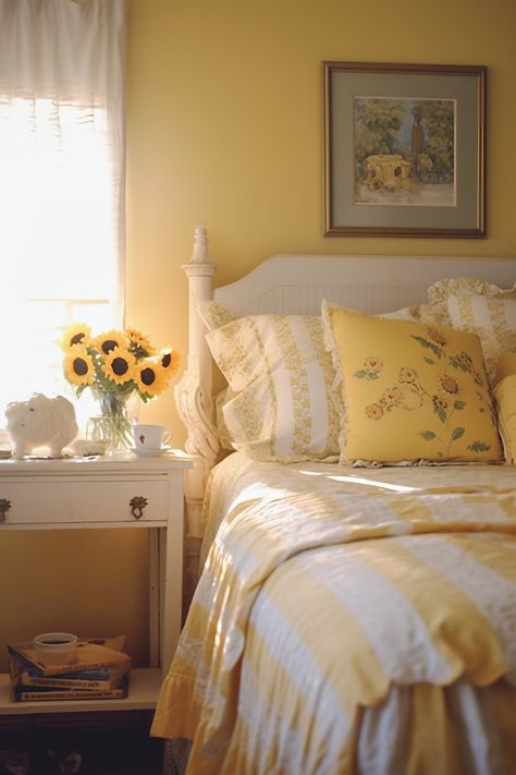 Yellow White Room Aesthetic, Aesthetic Room With Yellow Walls, Room Ideas For Yellow Walls, Yellow Walls Aesthetic, Mustard Accent Wall Bedroom, Yellow Walled Bedroom, Yellow Girl Bedroom, Sunflower Bedroom Aesthetic, Yellow Vintage Bedroom