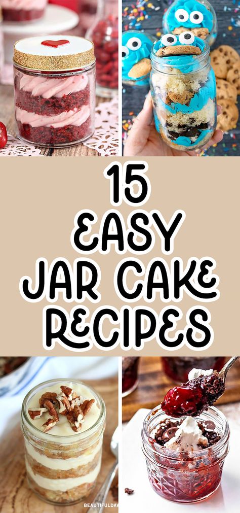 Looking for mouthwatering jar cake recipes? These delectable and easy-to-make jar cakes are perfect for any occasion. From birthdays to anniversaries, these sweet treats will impress your loved ones. You'll find red velvet cake, carrot cake, cookie monter cake, and more. Mason Jar Cakes Birthday, Cake Parfaits Cups, Cakes In Jars Recipes, Red Velvet Cake Jars, Easy Jar Recipes, Cake In A Jar Recipe How To Make, Dessert Jar Photography, Desserts That Can Be Shipped, Pudding Jars Desserts