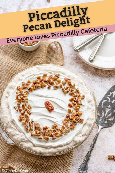 Piccadilly Pecan Delight Pie is a light, fluffy, and irresistible dessert! Get the easy copycat recipe to make the best pecan delight pie with a toasted pecan and Ritz cracker meringue crust and whipped cream filling. It’s dreamy, creamy, crunchy, and tasty too! Perfect for Thanksgiving, Christmas, or any holiday and special occasion. #pecanpierecipe #thanksgivingdessert #christmasdesserts #easypierecipes #copycat #copycatrecipes Pecan Delight Pie Picadilly, Piccadilly Pecan Delight Pie, Angel Pecan Pie Recipe, Pecan Fluff Pie, Ritz Cracker Pecan Pie, Ritz Cracker Pie Recipe, Pecan Delight Pie, Piccadilly Recipe, Ritz Cracker Pie