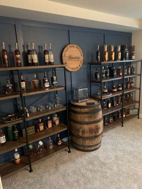 Whiskey Bar In Kitchen, Whiskey Cellar Ideas, Bourbon Office, Bourbon And Wine Room, Industrial Bar Decor, Bourbon Shelf Ideas Living Room, Shelves For Alcohol, Whiskey Shelves, Bourbon Bar Ideas For Home