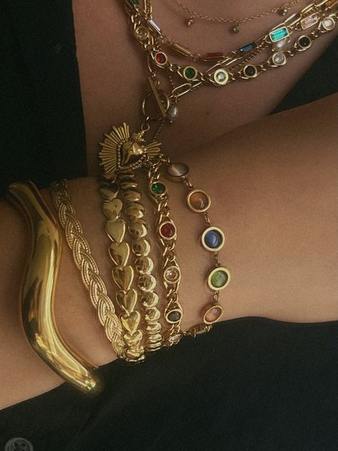 The adjustable band allows for a customized fit, making it the perfect addition to any wrist. Stack Bangles, Gold Bangle Aesthetic, Jewelry Stack Inspiration, Fun Gold Jewelry, Chunky Gold Jewelry Bracelets, Jewelry Bangles, Thick Gold Jewelry, Gold Bangle Bracelets, Oxidised Jewellery Bangles