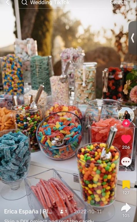 Candy Buffet For Wedding, Food Station Ideas Party, Treat Bar Ideas Parties, Cheap Sweet Table Ideas, Kids Candy Table Wedding, Dessert Candy Table Ideas, Candy Table Display Ideas, Treats For Candy Table, Sweets Bar Birthday