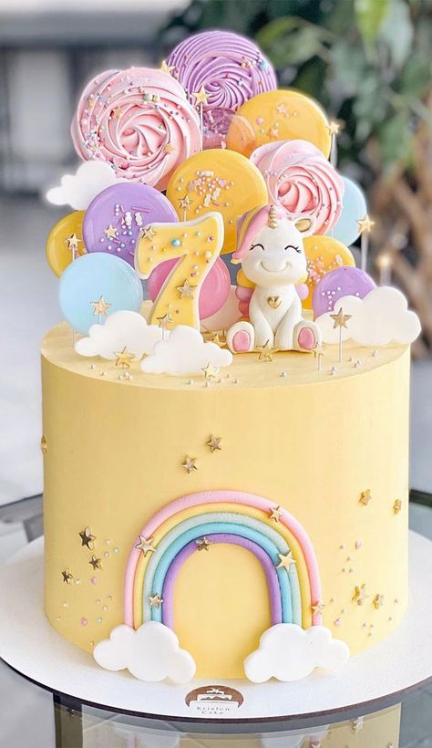 Pretty Cake Decorating, Yellow Birthday Cake, 7th Birthday Cake, Girly Birthday Cakes, Cake Designs For Girl, 7th Birthday Cakes, Girls Cake, Baby First Birthday Cake