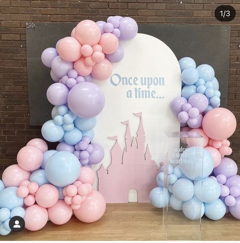 Cinderella Birthday Backdrop, 2nd Birthday Party Princess Theme, Disney Backdrop Photo Booths, Disney Once Upon A Time Birthday Party, Disney Princess Pastel Colors Party, Once Upon A Time Balloon Garland, Disney Princess Birthday Party Balloons, Disney Castle Theme Party, Princess Background For Birthday