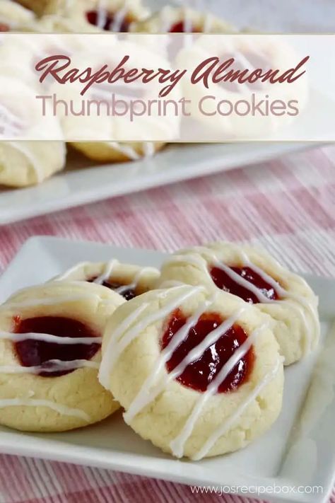 Raspberry Almond Thumbprint Cookies - Jo's Recipe Box Raspberry Almond Thumbprint Cookies, Shortbread Thumbprint Cookies, Almond Thumbprint Cookies, Shortbread Christmas, Raspberry Thumbprint Cookies, Almond Shortbread, Almond Shortbread Cookies, Thumbprint Cookies Recipe, Raspberry Cookies