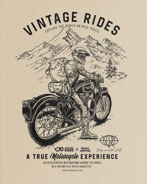 Vintage Rides, Logotype redesign and Merch design. Vintage Rides is a specialized motorcycle travel agency offers road trips and motorcycle raids in Asia, Africa, South America... Alexramonmas Studio® Design Vintage Motorcycle Art, Vintage Tshirt Design, Vintage T Shirt Design, Camping Tshirt, Adventurous Design, T-shirt Design Illustration, Vintage Motorcycle Posters, Bike Print, Merch Design