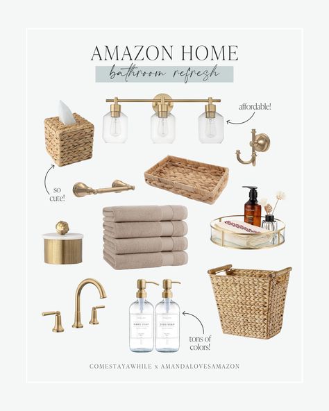 Champagne bronze bathroom refresh! Bathroom fixtures and decor. Champagne bronze vanity light. Champagne bronze bathroom faucet. Wicker trash can. Modern farmhouse bathroom. Aesthetic bathroom finds. Wicker tissue box holder. Wicker tray for bathroom. Follow Comestayawhile for DIY from a self taught mom working hard to upgrade her neutral modern farmhouse home on a budget. Follow Amandalovesamazon for the best deals on neutral home decor, trending fashion finds, and budget friendly beauty items. Refresh Bathroom, Champagne Bronze Bathroom, Luxury Master Bath, Bronze Vanity Light, Modern Farmhouse Bathroom Decor, Bathroom Finds, Tray For Bathroom, Mom Working, Bronze Vanity Lighting