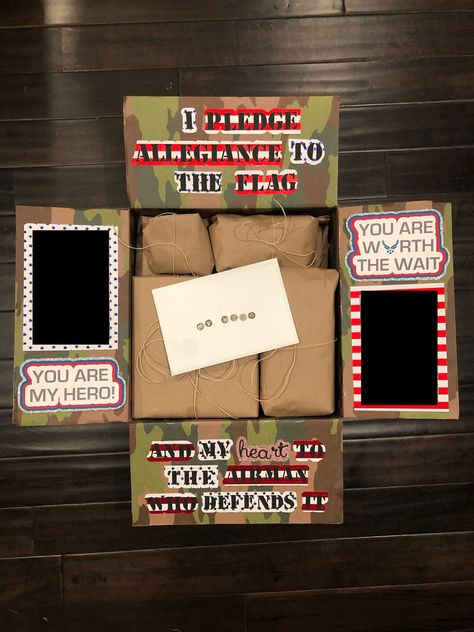 Military themed deployment care package. All items are wrapped in brown paper with twine. The black boxes are where pictures go. Army Basket Gift Ideas, Army Care Package Ideas, Bf Valentines Gift, Military Gifts For Boyfriend, Anniversary Care Package, Army Care Package, Military Care Package Ideas Army, Military Care Package Ideas Valentines Day, Soldier Care Packages