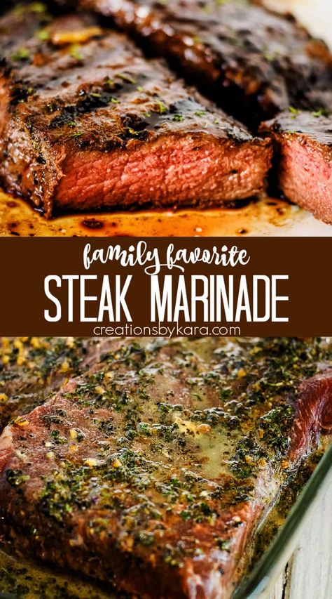 Best Steak Marinade Recipe - use this marinade for steaks that are bursting with flavor. Plus tips for grilling juicy steak every time. #steakmarinade #sirloinsteakmarinade #marinade #dinnerrecipe #lowcarb #grilling -from Creations by Kara Round Steak Marinade, Tenderizing Steak Marinade, Marinade For Steaks, Sirloin Steak Marinade, Beef Steak Marinade, Homemade Steak Marinade, Meat Marinade Recipes, Steak Marinade For Grilling, Easy Steak Marinade Recipes