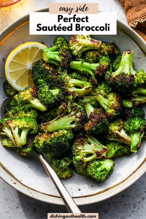 Perfect Sautéed Broccoli comes together in just 15 minutes and will become your go-to way of cooking broccoli. Never dried out, perfectly tender, and lightly charred, this broccoli will win over even the pickiest of eaters. Paleo, Whole 30, and Vegan.  via @https://www.pinterest.com/jamievespa/ Baked Broccoli Recipe, Cooking Broccoli, Sautéed Broccoli, Broccoli Recipes Healthy, Charred Broccoli, Broccoli Side Dish, Cheesy Broccoli Casserole, Broccoli Sauteed, Broccoli Nutrition