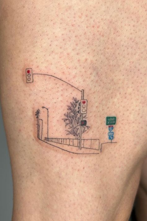 Fineline Landscape Tattoo, Fine Line Portrait Tattoo, Detailed Fine Line Tattoo, View Between Villages Tattoo, Power Line Tattoo, Behind The Knee Tattoo, Vintage Frame Tattoo, Unique Fine Line Tattoo, Location Tattoo