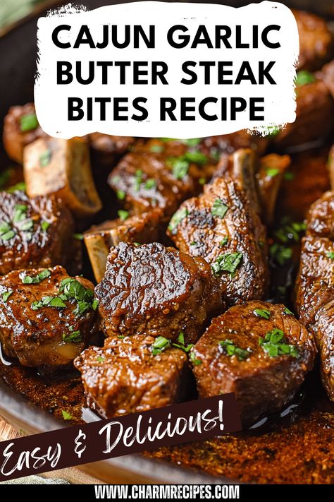 Brighten up your meals with these Cajun Garlic Butter Steak Bites. Made from tender and juicy steak bites, this dish brings an explosion of flavor with a perfect blend of Cajun spices and savory garlic butter sauce. It's a quick and convenient recipe ideal for a weeknight dinner or entertaining guests. Serve them as an irresistible appetizer that everyone will rave about! Enjoy these flavorful, easy-to-make steak bites that pair wonderfully with rice or crusty bread. Perfect for steak lovers! Creole Steak Recipes, Blackened Steak Bites, How To Cook Steak Bites On Stove, Cajun Garlic Butter Steak Bites, Garlic Butter Steak Marinade, Ribeye Steak Bites Recipe, Steak Cubes Recipe Dinners, Cajun Butter Steak Bites, Steak Bites With Rice