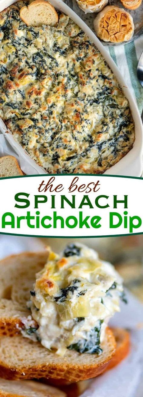 Spinach Artichoke Dip is impossible to resist and ready to go in just about 30 minutes. Fresh from the oven, it's creamy, cheesy goodness is best served with chips, toasted baguette slices or celery sticks. It's an easy and delicious dip that is perfect for gatherings, BBQs or game day. // Mom On Timeout #recipe #appetizer #artichoke #spinach #cheese #dip #gameday #easy #baked Toasted Baguette Slices, Spinach Cheese Dip, Best Spinach Artichoke Dip, Baguette Slices, Toasted Baguette, Spinach Artichoke Dip Recipe, Mom On Timeout, Celery Sticks, Spinach Cheese