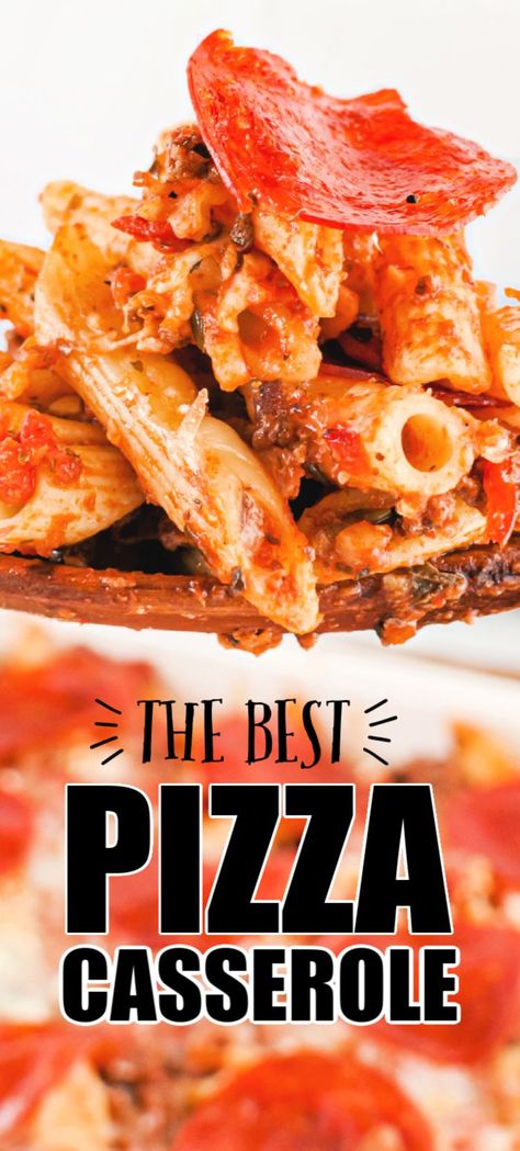 Pizza Casserole is all your favorite ingredients in one dish as you combine penne pasta, pizza flavors, gooey cheese, and top it with pepperoni -- just like a pizza! It's so easy to create this incredible, simple meal. #pizzacasserole #casserole #easycasserole #pepperoni #pizzapasta #easyrecipe #quickdinner #kidsloveit Best Pizza Casserole, Pepperoni Pasta Bake, Pizza Pasta Casserole Recipe, Easy Pizza Casserole, Pizza Casserole Recipe, Pizza Pasta Casserole, Baked Penne Pasta, Pizza Pasta Bake, Pepperoni Recipes