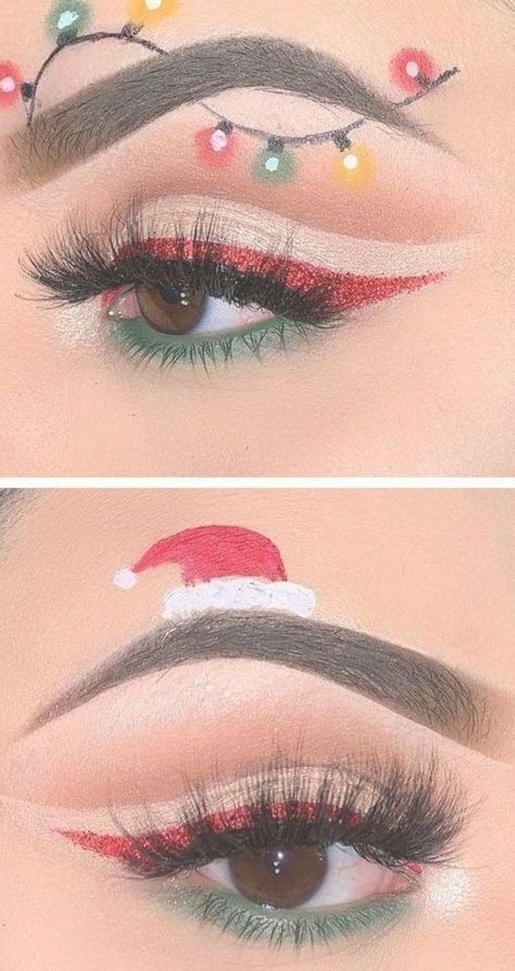 Christmas Makeup Looks Simple, Christmas Eyeliner, Creative Christmas Makeup, Eyeliner Creative, Simple Christmas Makeup, Makeup Looks Christmas, Makeup Ideas Christmas, Grinch Makeup, Reindeer Makeup