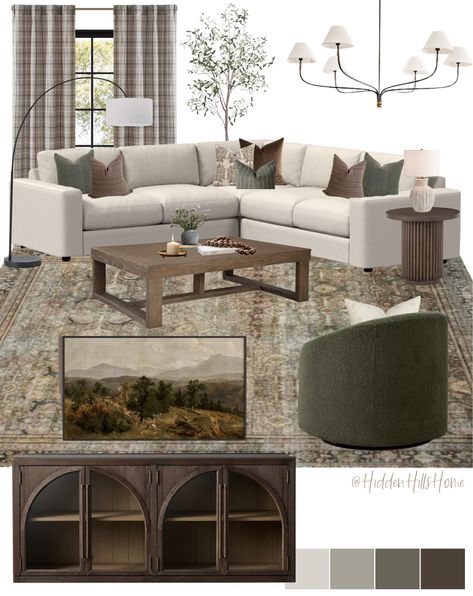 Shop Urban 3-Piece L-Shaped Sectional … and other curated products on LTK, the easiest way to shop everything from your favorite creators. Family Room With Beige Sectional, Brown Green Cream Living Room, Lounge Room Mood Board, Green Brown Aesthetic Living Room, Living Room Green Brown, Living Room Board Inspiration, Neutral Living Room Green Accents, Modern Farmhouse Living Room Mood Board, Living Room Ideas With Dark Wood Floors