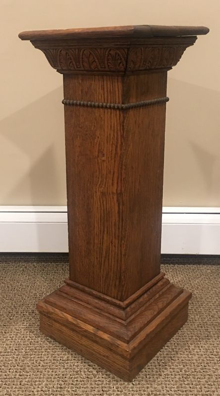 Item # 1 -- Antique Oak plant stand/pedestal, carving details ( 12x12x32h). Please refer to pictures for condition. Wooden Pedestal Stand, Wooden Pedestal, Stand Ideas, Pedestal Stand, Wood Tables, Desert Homes, Maisie Williams, Empire Style, Sacred Art