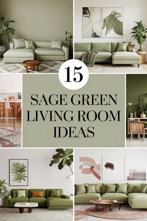 Collage of sage green living room designs with modern furniture and decor. Sage Green Country Living Room, Sage Chairs Living Room, Green Lounge Ideas Living Rooms, Small Sage Green Living Room, Grey Green And Cream Living Room, Grey Sofa With Green Accents, Pale Sage Green Living Room, Forest Green And Beige Living Room, Sage Cream Living Room