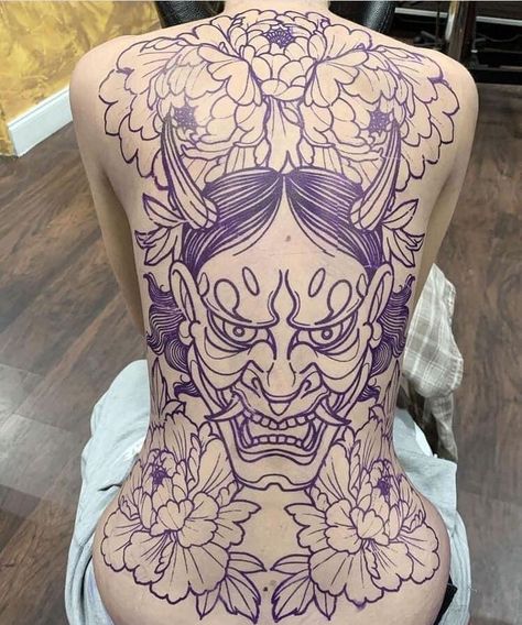 Japanese Tattoos Back Piece, Hannya Mask Back Tattoo, Hannya Chest Tattoo, Tattoos Female Back, Oni Mask Tattoo Back, Hannya Back Tattoo, Full Back Tattoo Women Japanese, Japanese Back Piece Tattoo, Japan Tattoo Traditional