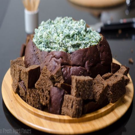 Spinach Dip in Bread Bowl Spinach Dip In Bread Bowl, Dip In Bread Bowl, Spin Dip, Creamy Cheese Dip, Spinach Dip Bread Bowl, Pumpernickel Bread Recipe, Spinach Dip Cold, Classic Spinach Dip, Bread Bowl Dip