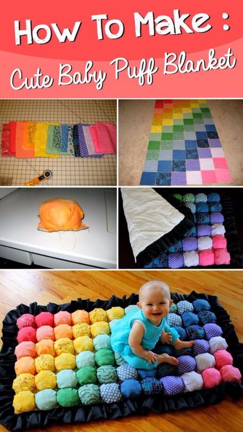 DIY Gifts for Babies - Super Cute Baby Puff Blanket - Best DIY Gift Ideas for Baby Boys and Girls - Creative Projects to Sew, Make and Sell, Gift Baskets, Diaper Cakes and Presents for Baby Showers and New Parents. Cool Christmas and Birthday Ideas #diy #babygifts #diygifts #baby Syprosjekter For Nybegynnere, Puff Blanket, Baby Puffs, Baby Gifts To Make, Diy Gifts To Make, Cute Diy Projects, Boy Diy, Diy Bebe, Diy Baby Gifts